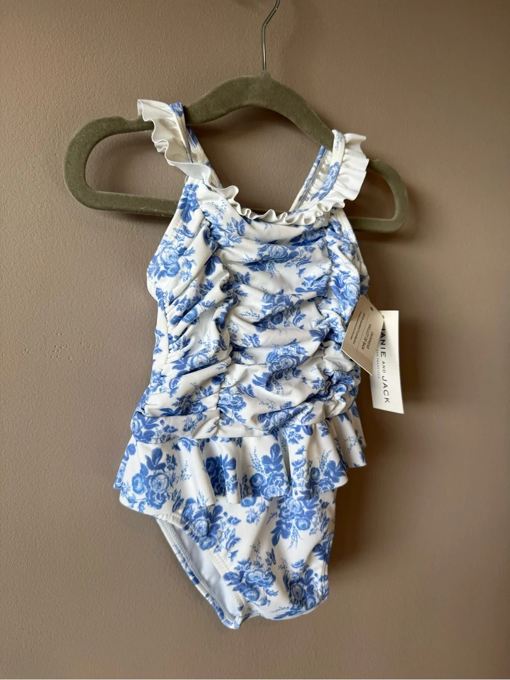 Janie and Jack NWT Blue White‎ Floral Ruched Swimsuit Bathing Suit 12-18 Months